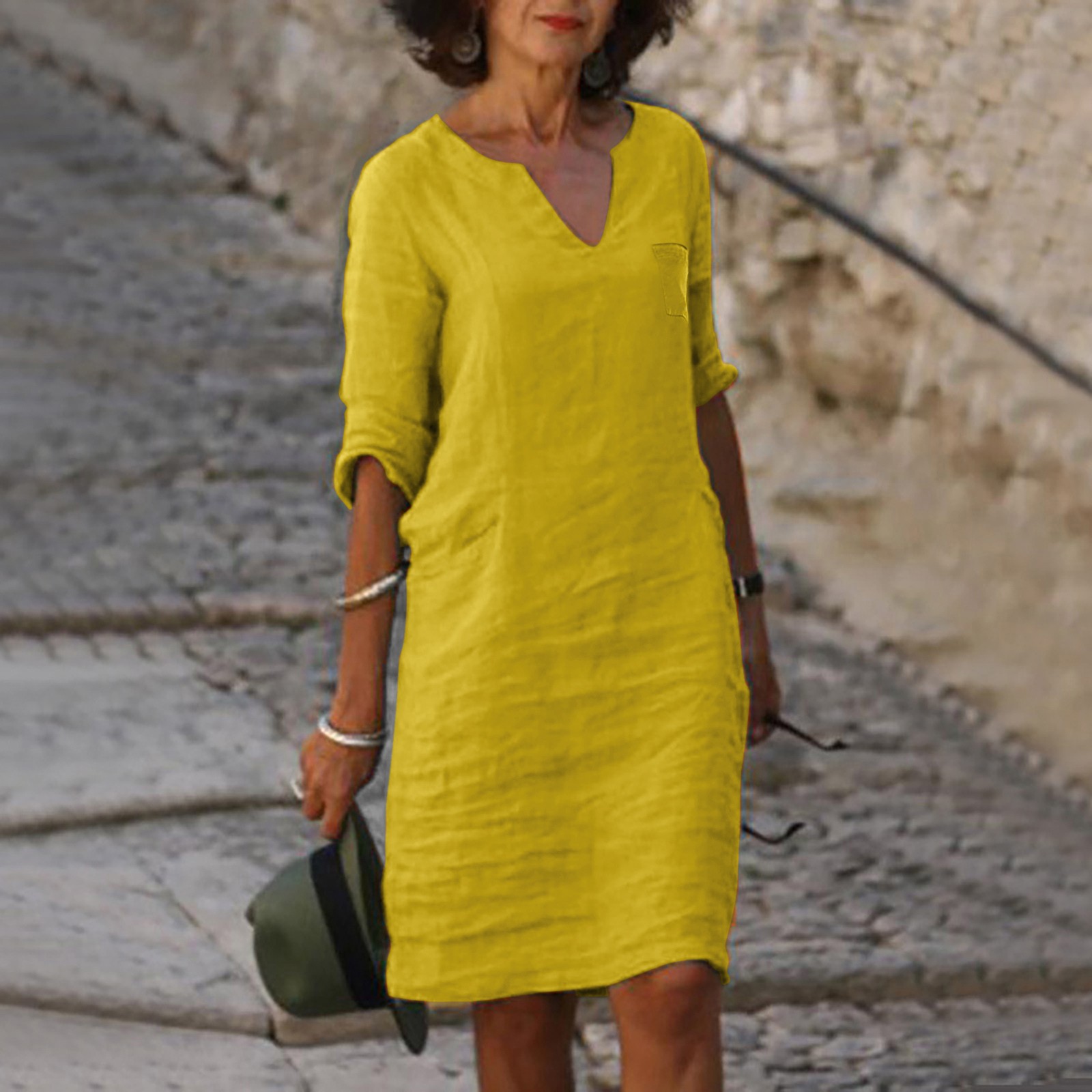 thumbnail image 2 of Vestido mini de algodón y lino con cuello en V para mujer - Manga corta, diseño informal/moda, verano/otoño, corte holgado, lavado a mano, disponible en tallas S-XXL, 2 of 4